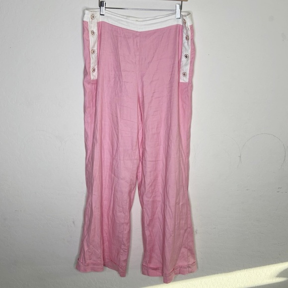 Maeve Anthropologie Linen Side-Button Trousers Pink - Picture 3 of 9
